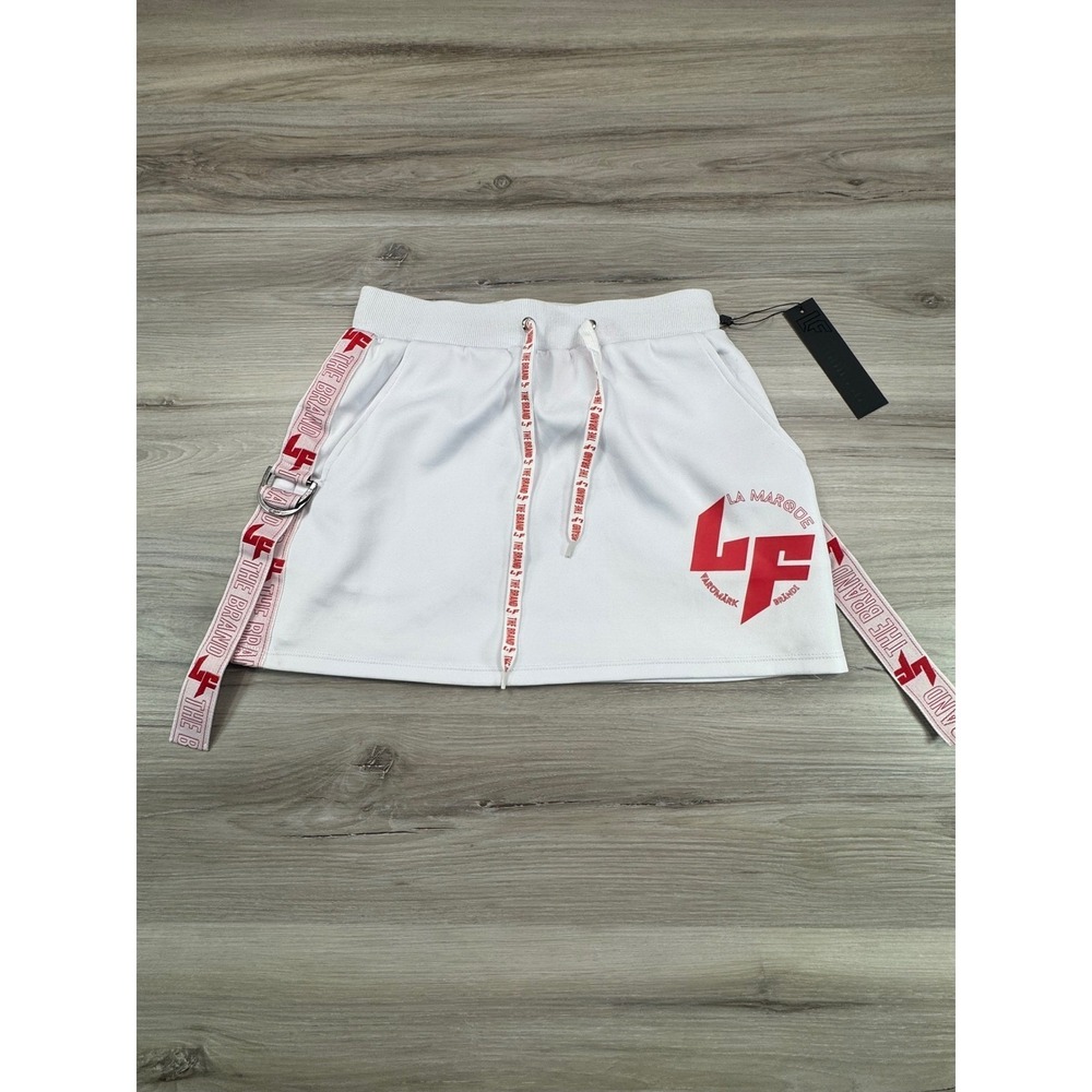LF The Brand WMNS White Red Graphic Logo Mini Skirt Drawstring LF1350 Small NEW
